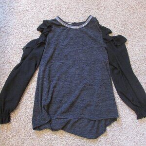 Maurices Plus 1 Gray Black Chiffon Sleeve Cold Shoulder Silver Bead Trim Shirt